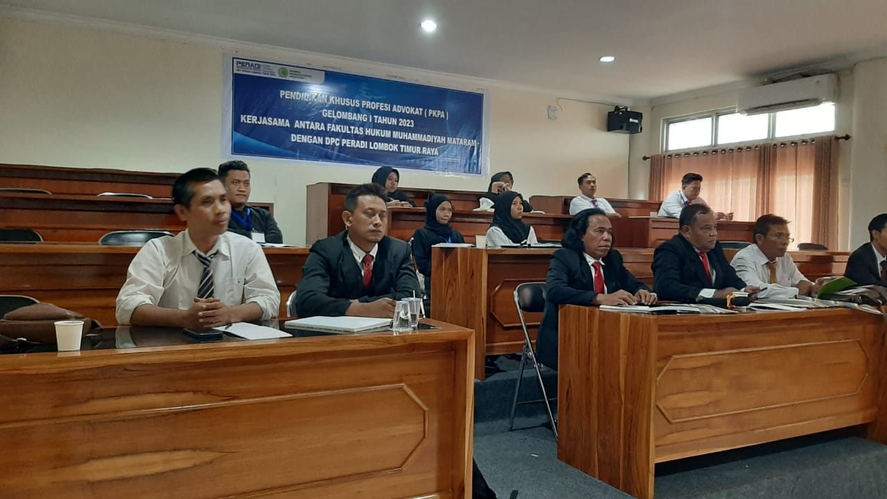 DPC PERADI SAI Lombok Timur Raya bekerjasama dengan FK. Hukum Muhammadiyah Mataram dalam mengadakan Pendidikan Khusus Profesi Advokat (PKPA) Gelombang 1 tahun 2023 yang bertempat di FK. Hukum Muhammadiyah Mataram, Pada tanggal 01 s.d. 16 Juli 2023, dan jumlah peserta yang ikut serta sebanyak 17 orang